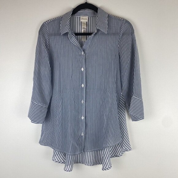 Chico's Women's Lightweight Striped Button Up Size 0/S Blue White Sheer Blouse - Picture 1 of 7